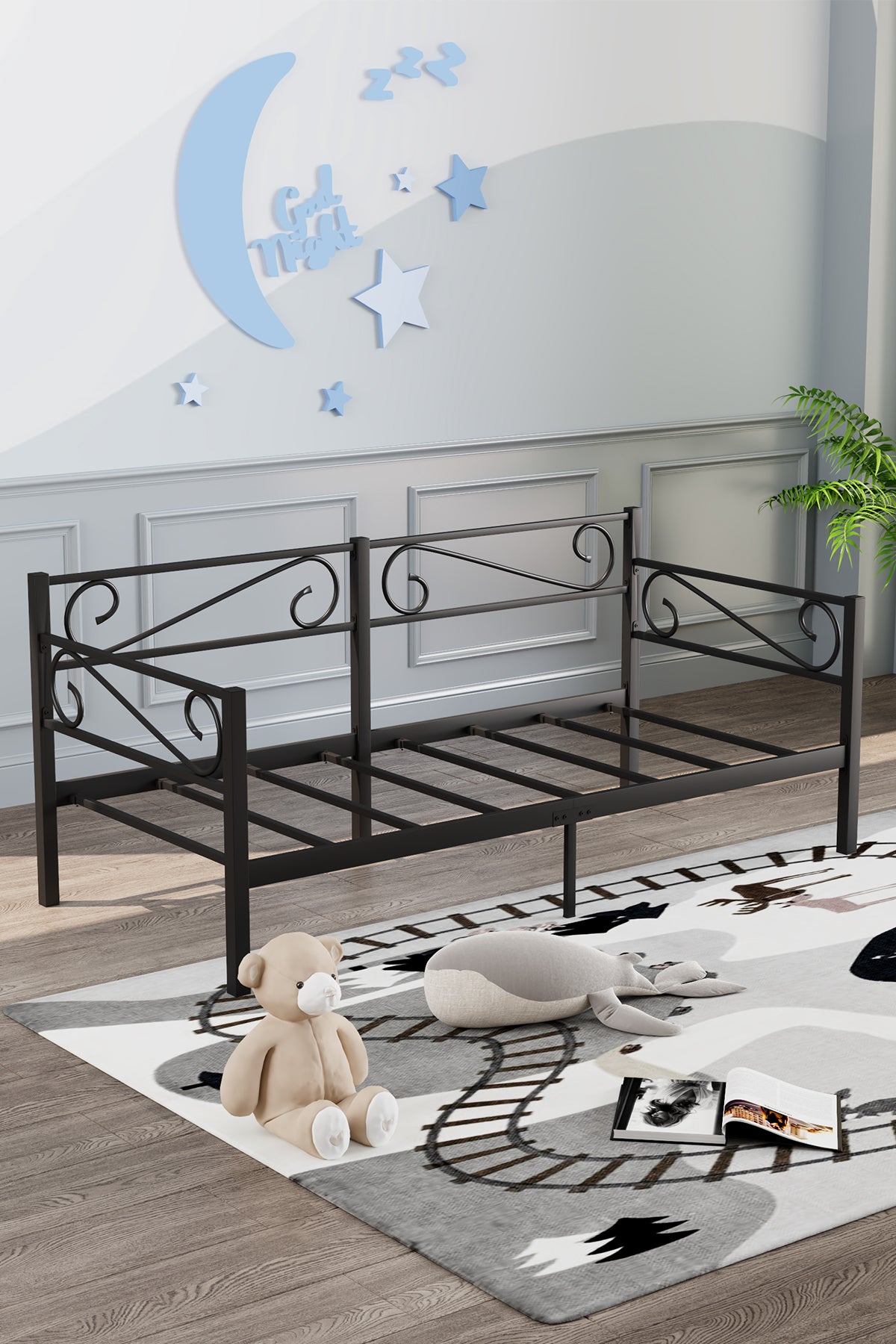 Luna Daybed Metal Karyola – Siyah Ölçü Seçenekli | Yan & Arka Ferforce Destekli